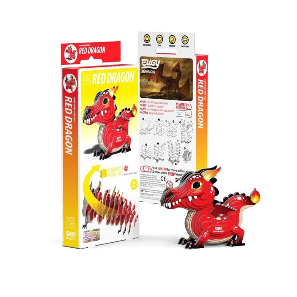 EUGY Dragón Rojo - Modelo 3D De Cartón Reciclado - Figurita Coleccionable - Montaje Sencillo En 10-20 Minutos - Ecológico Y Educativo