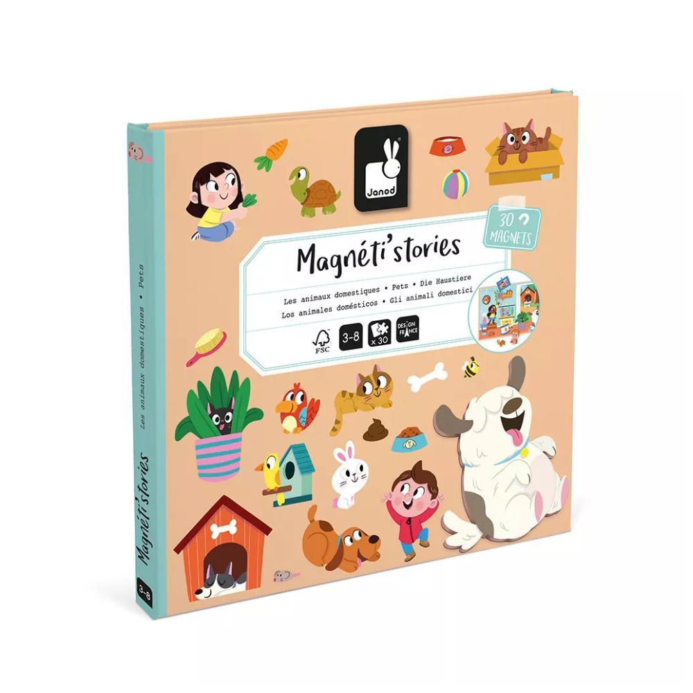 2 Explora con Magneti'stories animales domésticos. Con 30 imanes y un tablero ilustrado, perfecto para jugar en casa o llevar de viaje.